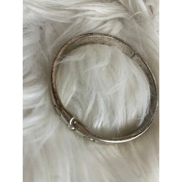 Logo Silver Toned Bangle Bracelet Hinged Heavy - Picture 2 of 8